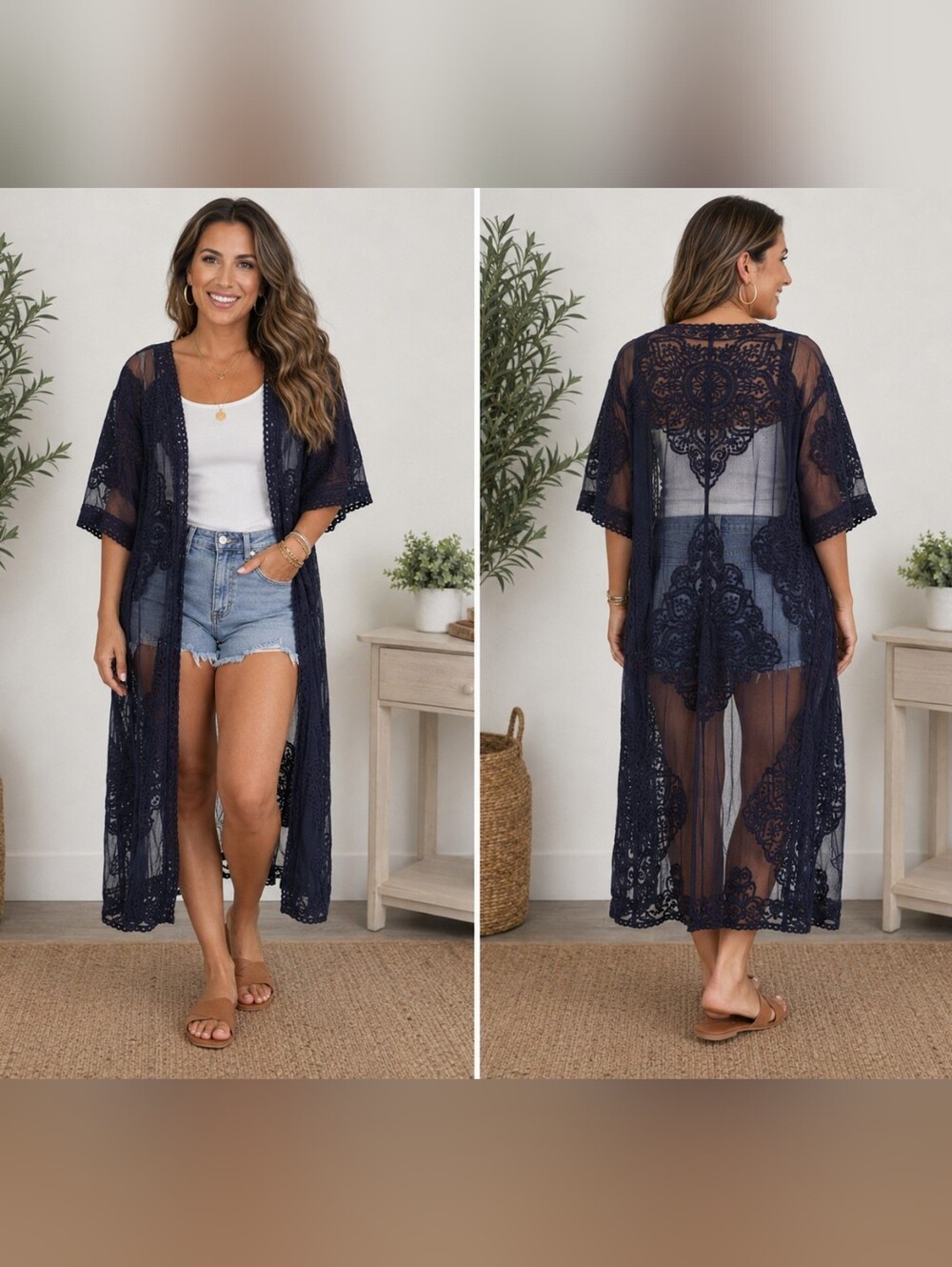 Black Lace Duster Cardigan L/XL Sheer Boho Kimono Swimsuit Cover Up